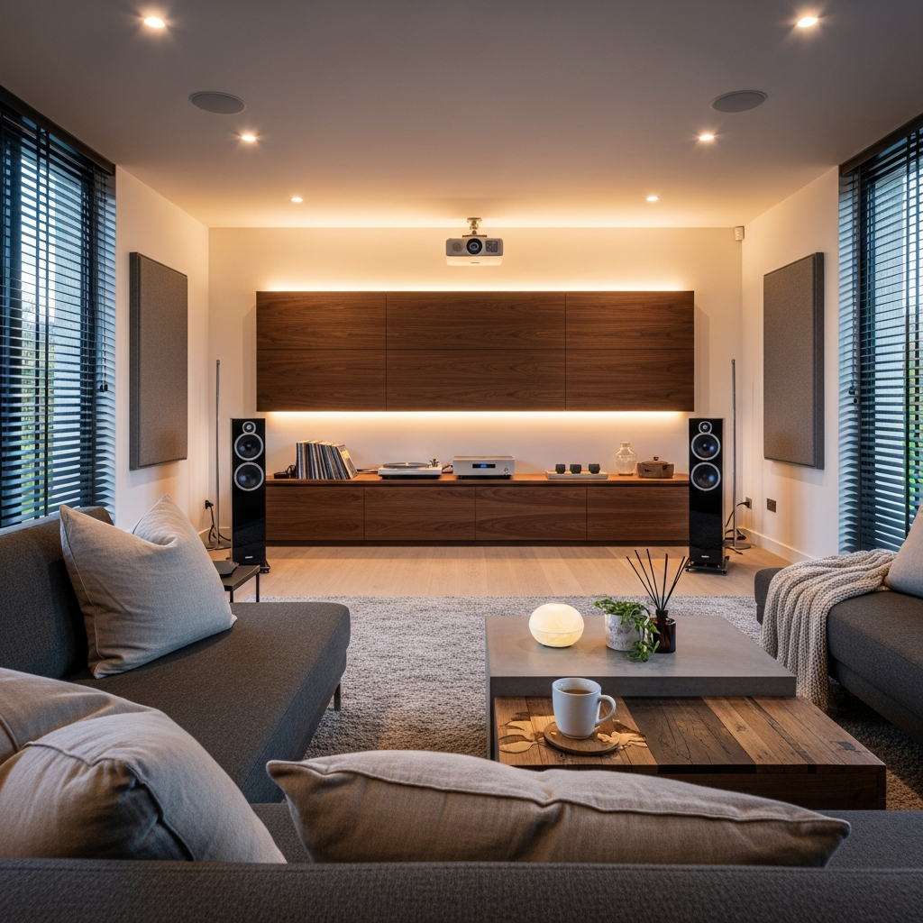 Living room with multi-room audio system, speakers visible on shelves.