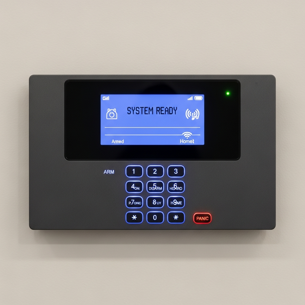 Home security system control panel on a wall.
