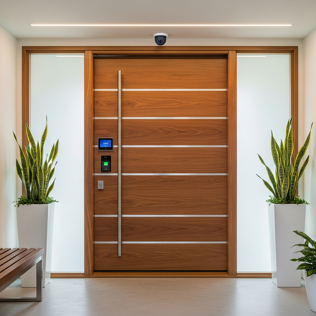 Front door of a modern home equipped with a smart lock and security camera.