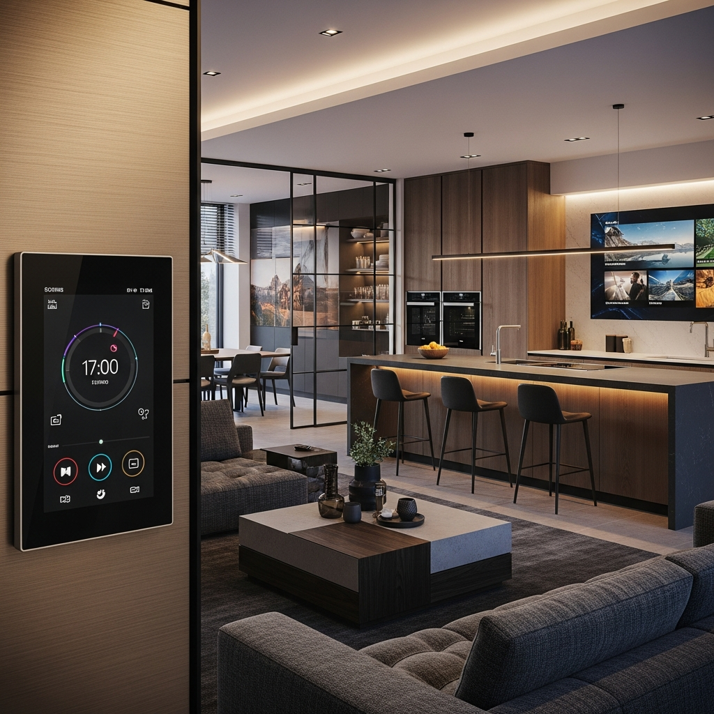 Smart home control panel displaying various automated systems in a modern living room.