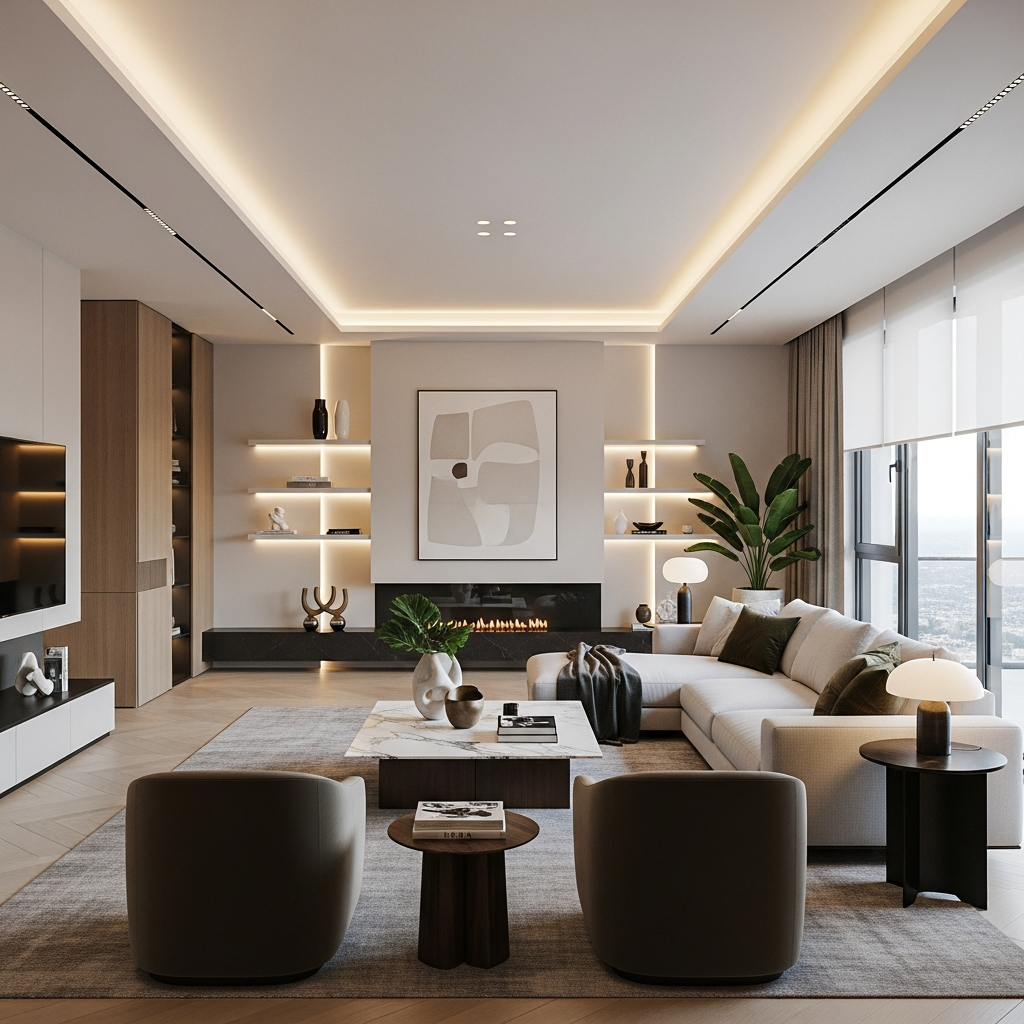 A modern minimalist luxury living room with integrated ambient lighting and sleek architectural lines