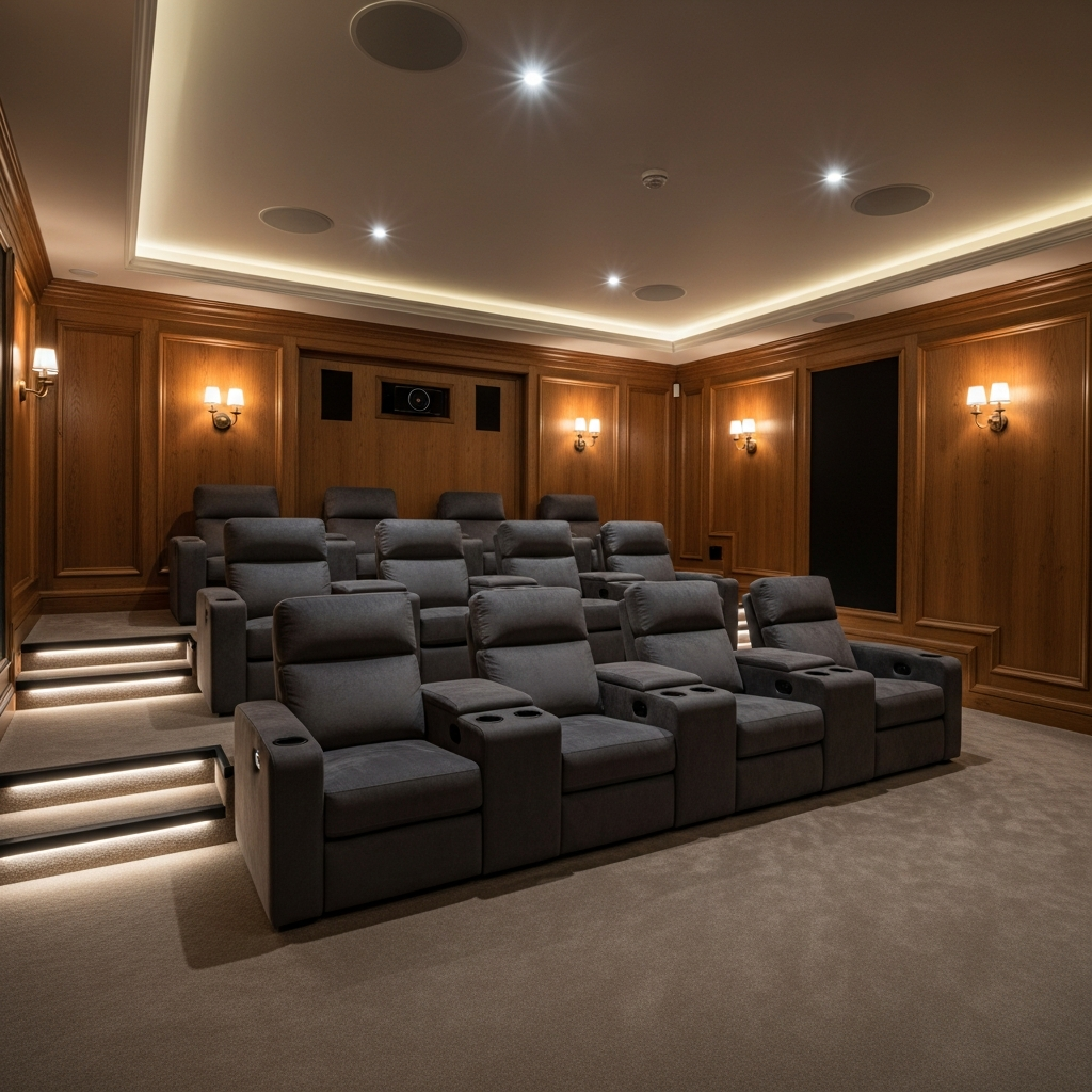 A modern luxury home cinema featuring plush tiered seating, elegant wooden wall panelling, and soft ambient lighting.
