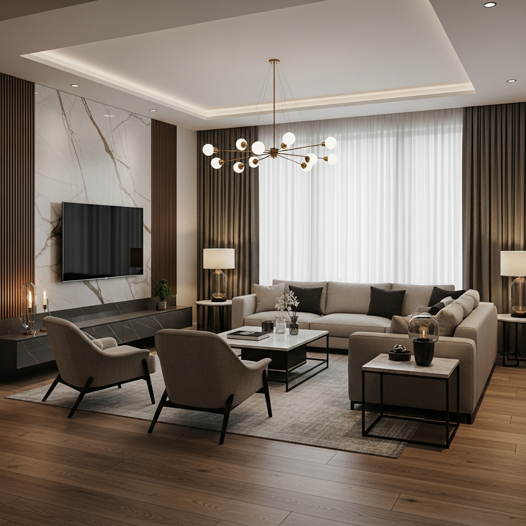Warm ambient lighting highlighting the architectural features of a luxury modern living room