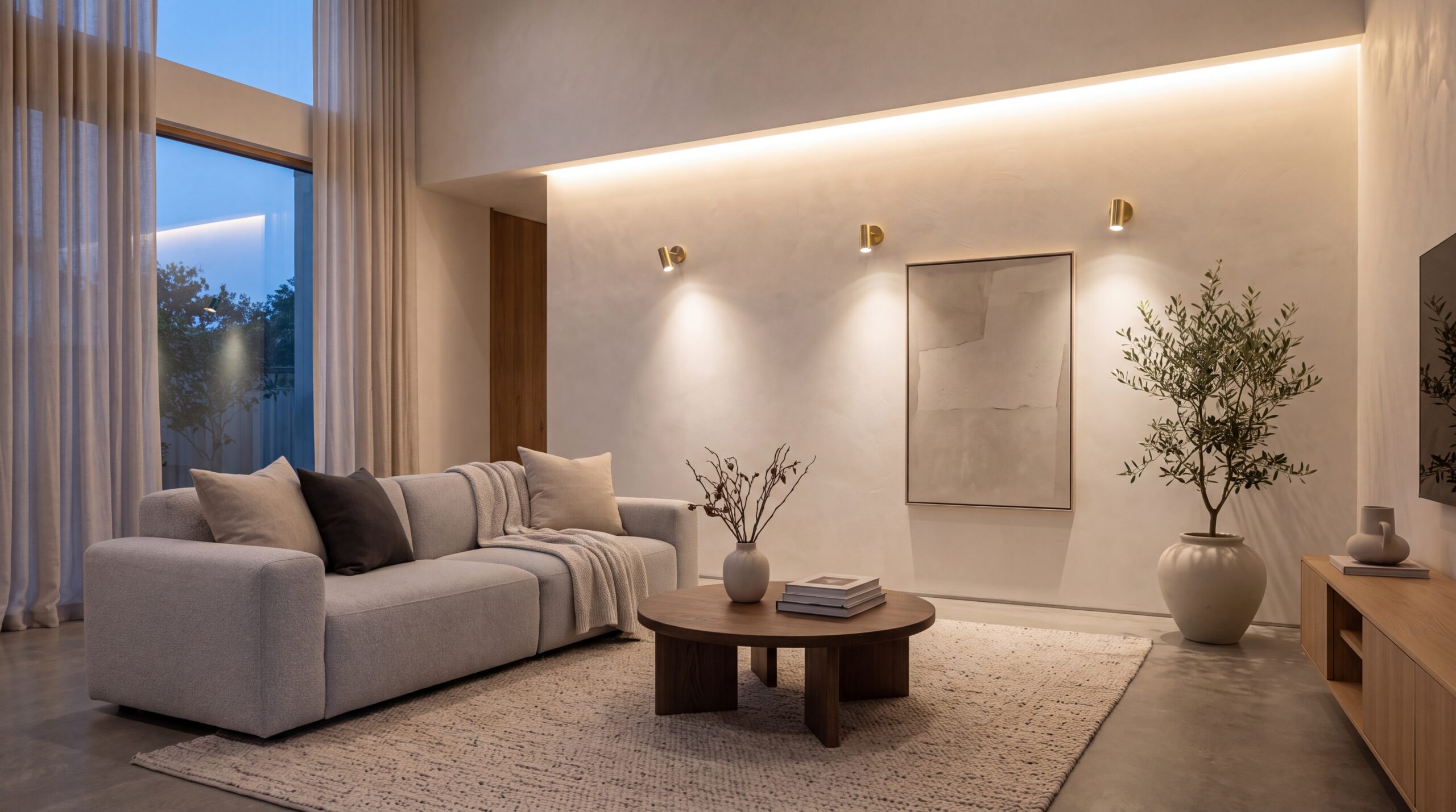 Warm architectural cove lighting and accent spotlights in a modern minimalist luxury living room