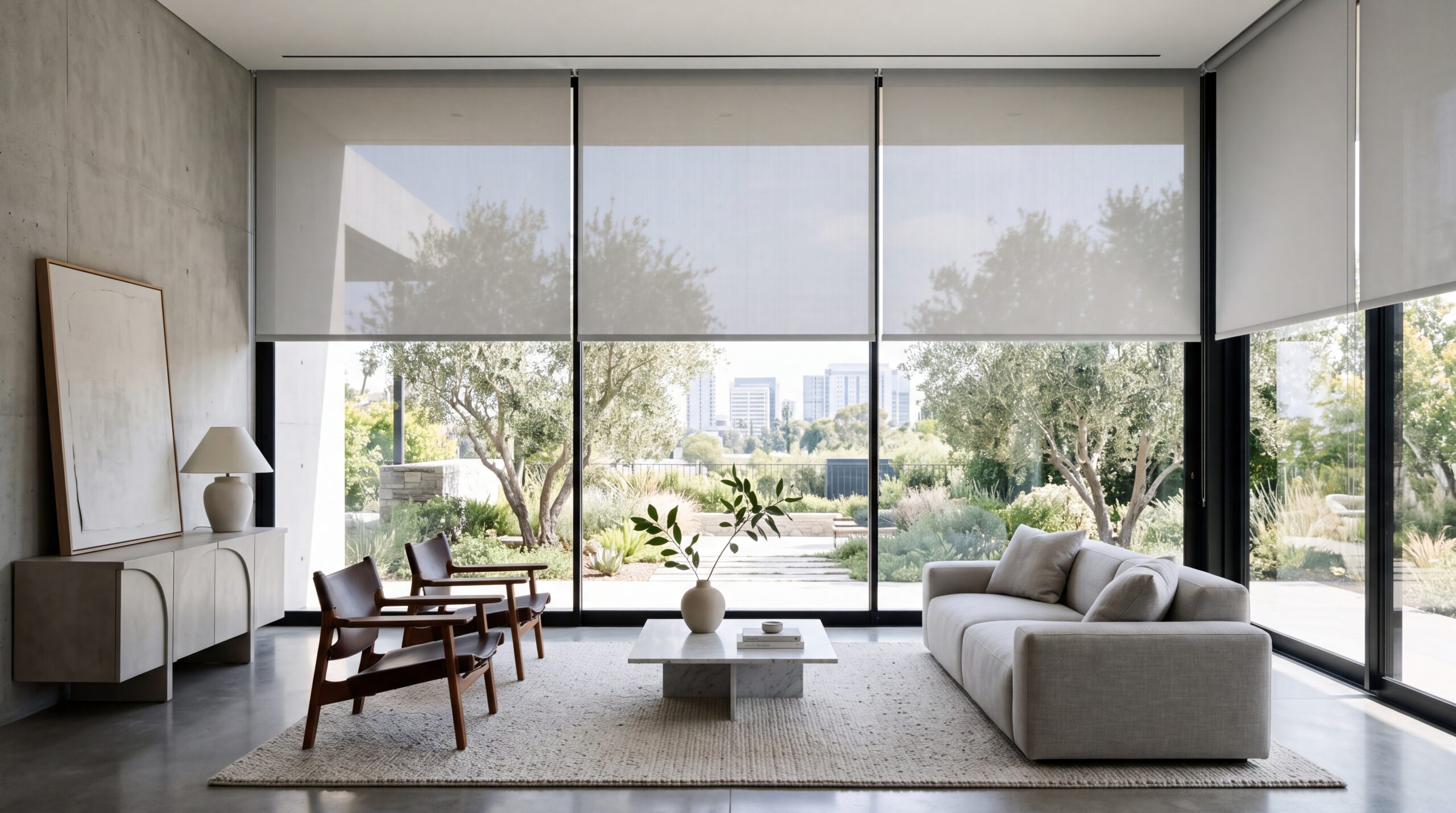 Sleek automated roller shades on large floor-to-ceiling windows in a modern luxury living room.