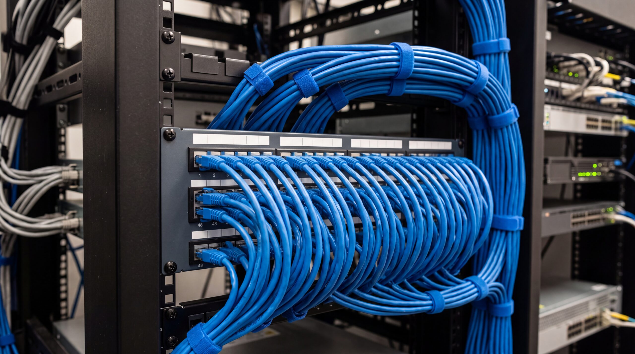 Neatly organized blue Ethernet cables routed through a professional rack-mount patch panel in a server room