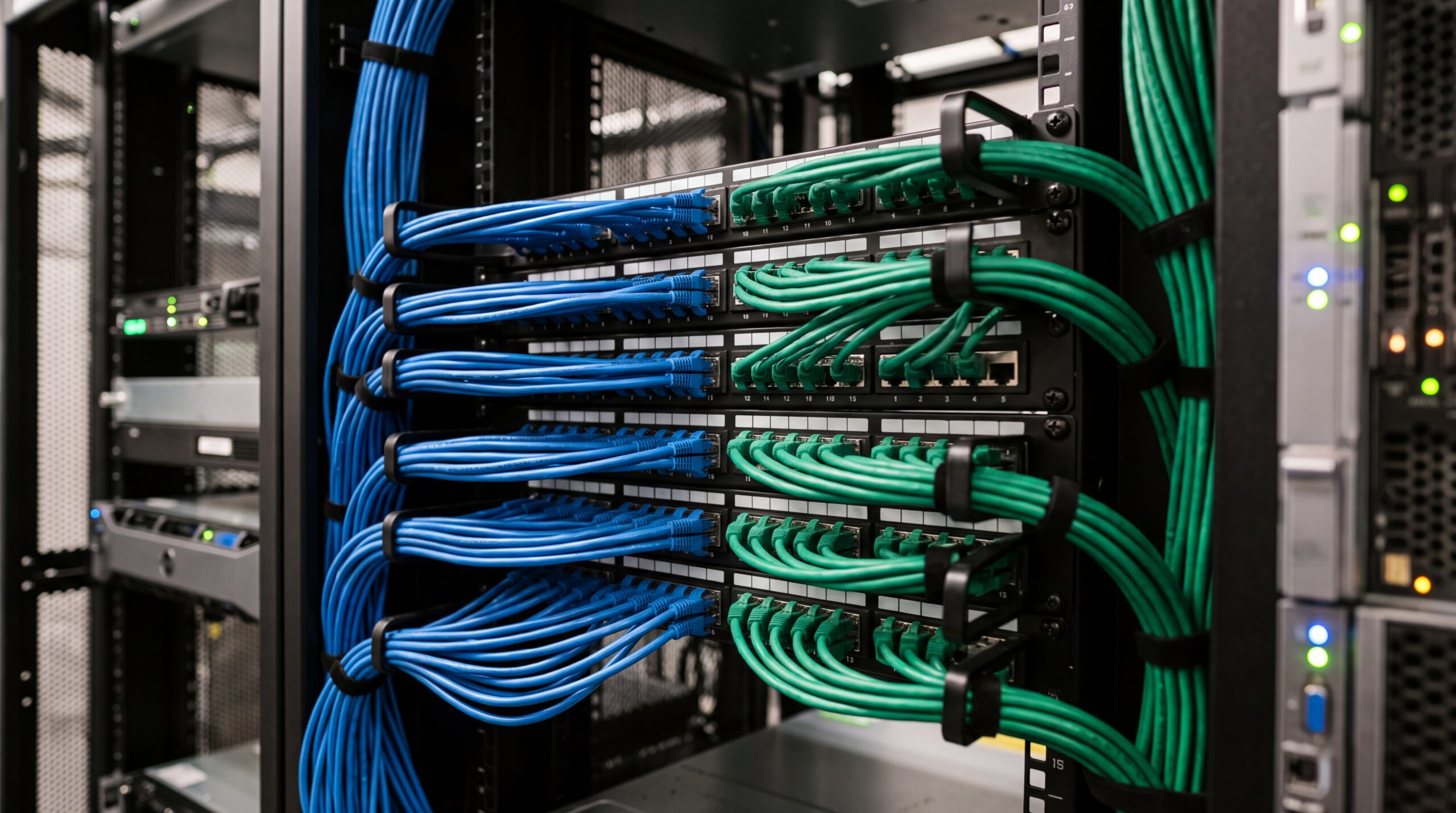 Meticulously organised blue and green network Ethernet cables plugged into a server rack patch panel in a data centre