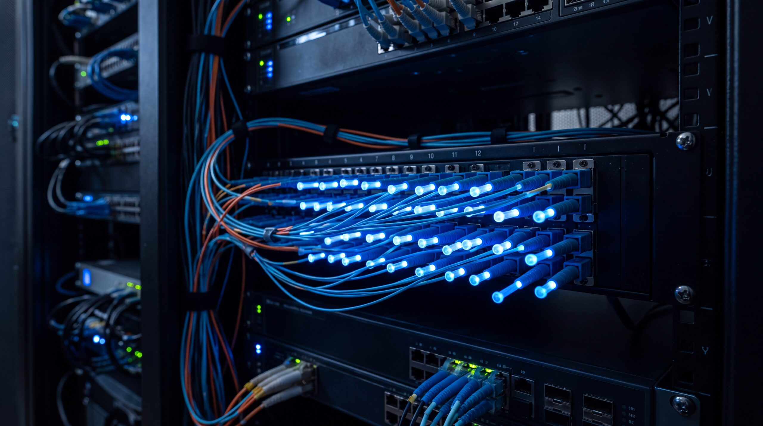 Close-up of illuminated blue fibre optic cabling tips in a high-performance network server rack