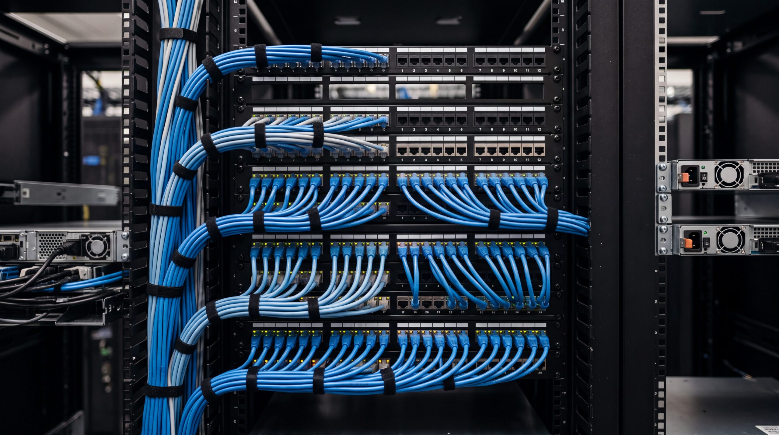 A close-up of professional structured cabling with neatly managed blue and white network cables connected to a patch panel in a server rack.